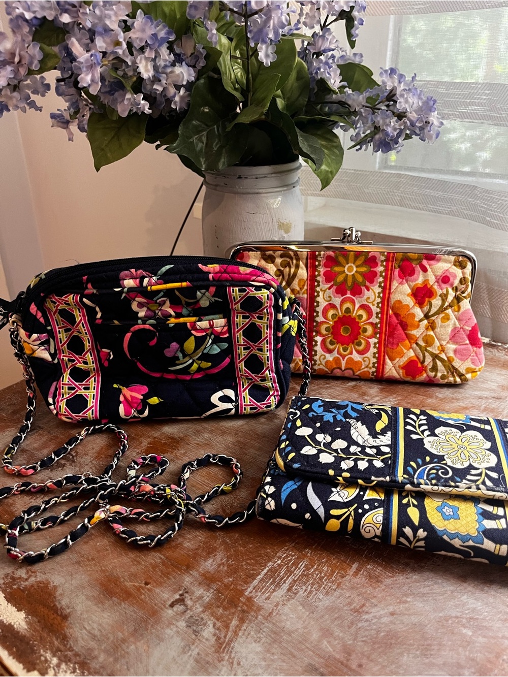 Vera Bradley Quilted Black Multi Floral Crossbody and Wallet Set